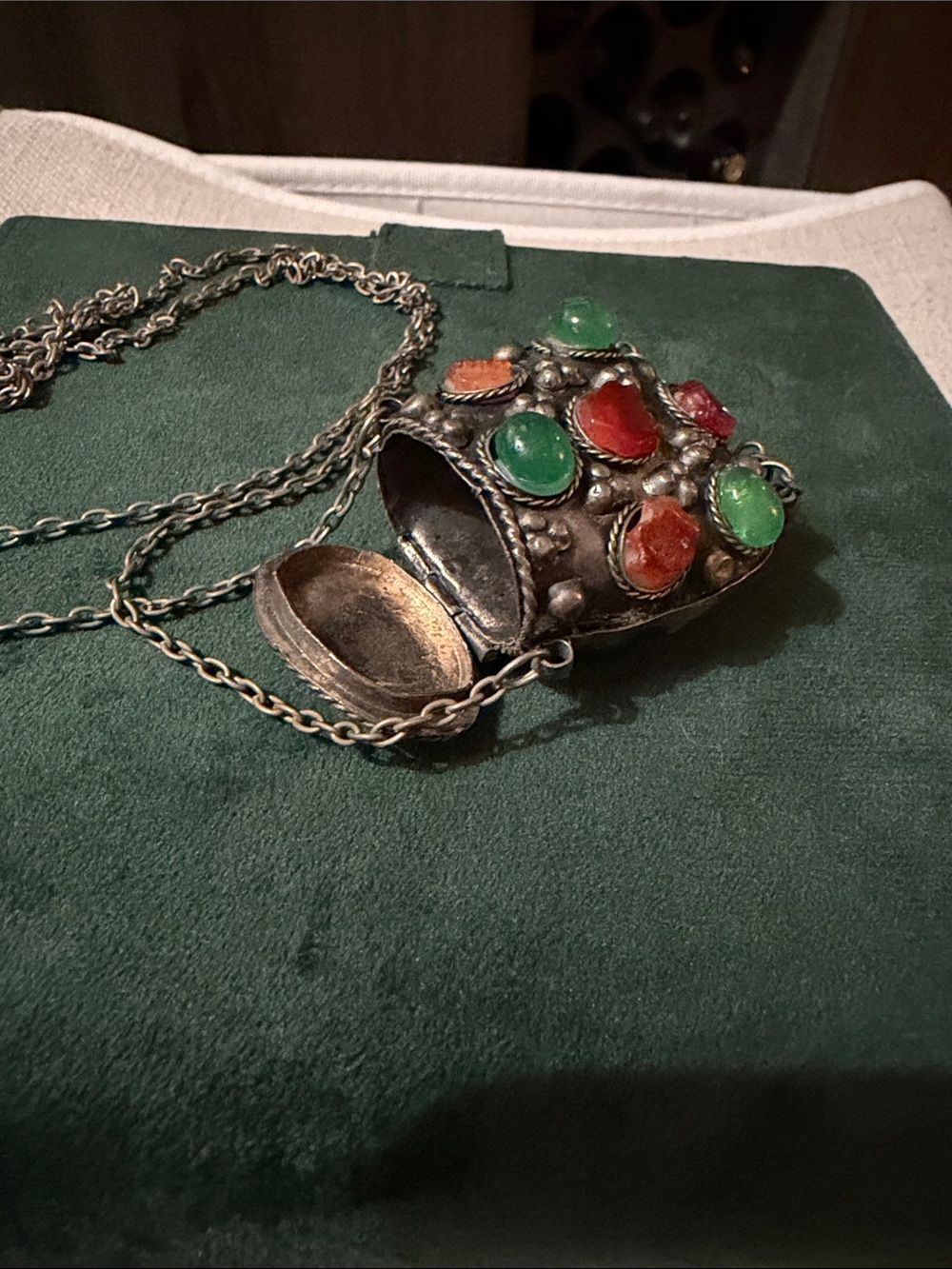 Vintage Silver Pendant Necklace with Green and Red Stones
